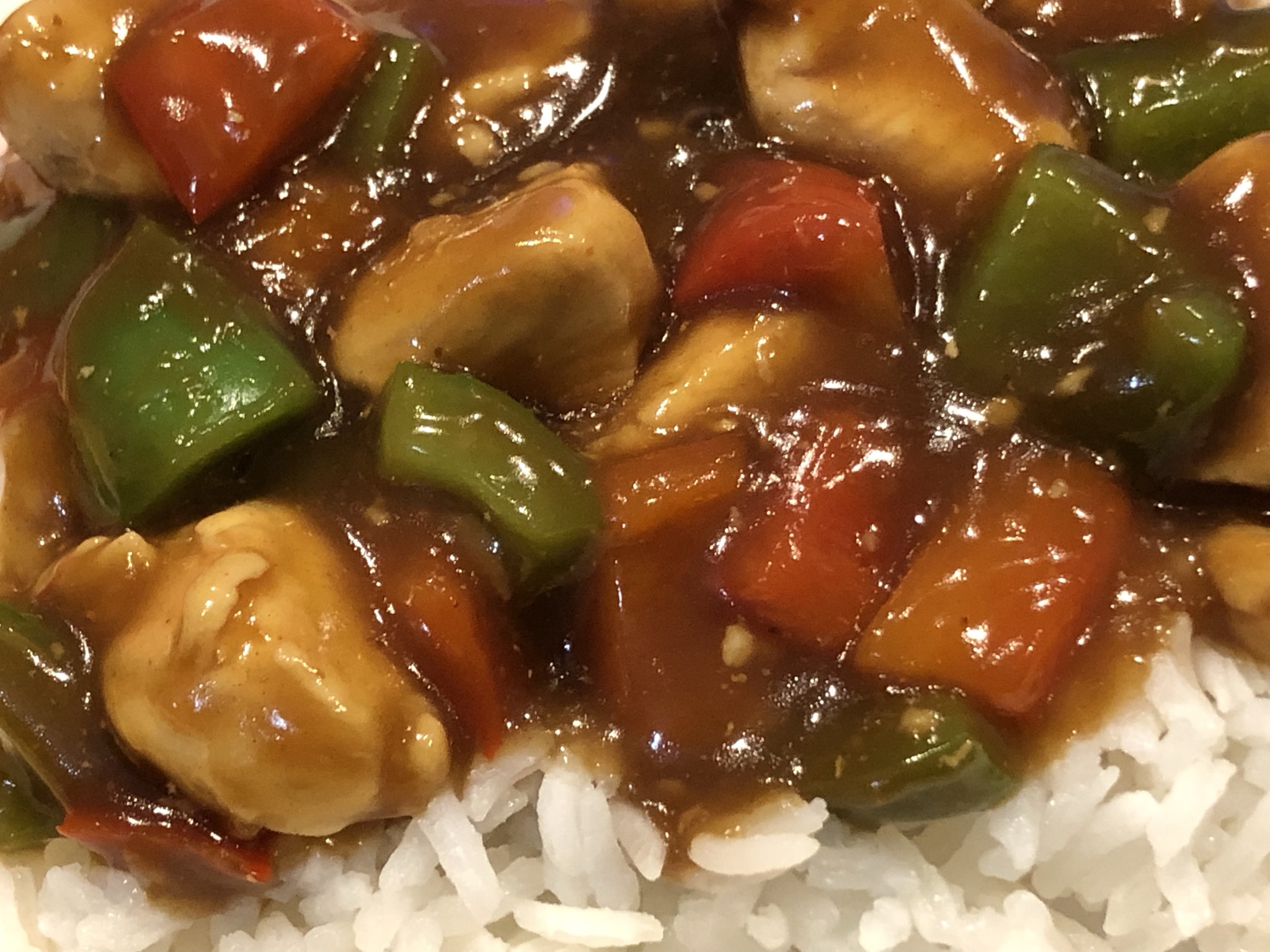 Soy-Free Chicken Stir Fry served over a bed of steamed Jasmine Rice.