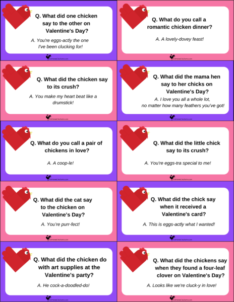 Image of some of the 40 free printable Valentine's Day Chicken Jokes for Kids